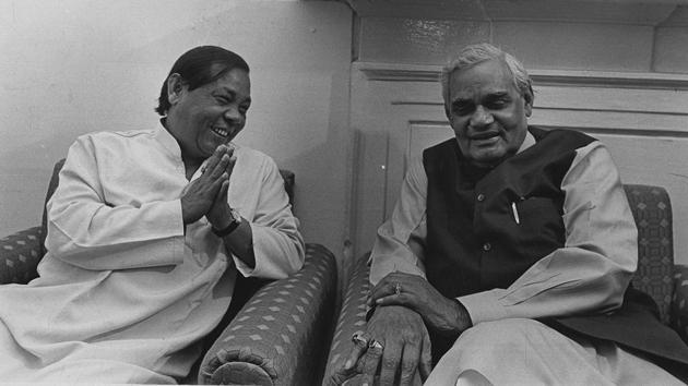 Former PM Atal Bihari Vajpayee with former Lok Sabha speaker PA Sangma in Delhi on March 20, 1998. (HT Archive)