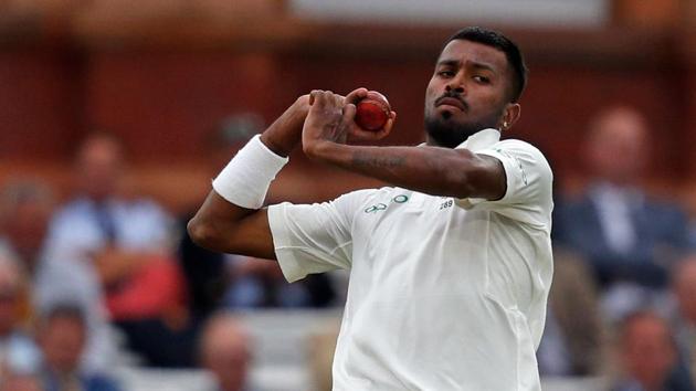 Hardik Pandya bowls on the third day of the second Test cricket match between England and India at Lord's Cricket Ground.(AFP)