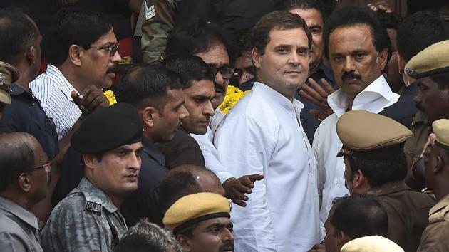 Congress president Rahul Gandhi with DMK Working President MK Stalin after paying his last respects to DMK chief M Karunanidhi, at Rajaji Hall in Chennai on Wednesday, Aug 8, 2018. (PTI) Congress president Rahul Gandhi with DMK Working President MK Stalin after paying his last respects to DMK chief M Karunanidhi, at Rajaji Hall in Chennai on Wednesday, Aug 8, 2018. (PTI)