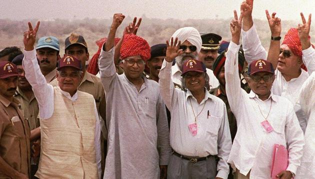 FILE - In this May 20, 1998 file photo, from left, Indian Prime Minister Atal Bihari Vajpayee, Defense Minister George Fernandes, founder of the Indian nuclear program Abdul Kalam, and Atomic Energy Chief R. Chidambaram display the victory symbol during a visit to the Shakti 1 test site, where India tested nuclear devices a week earlier, in Pokhran, India. (AP) FILE - In this May 20, 1998 file photo, from left, Indian Prime Minister Atal Bihari Vajpayee, Defense Minister George Fernandes, founder of the Indian nuclear program Abdul Kalam, and Atomic Energy Chief R. Chidambaram display the victory symbol during a visit to the Shakti 1 test site, where India tested nuclear devices a week earlier, in Pokhran, India. (AP)