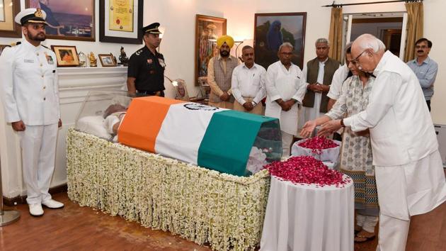 Senior BJP leader L K Advani pays tribute to former prime minister Atal Bihari Vajpayee, at his Krishna Menon Marg residence, in New Delhi on Thursday. (PTI Photo) Senior BJP leader L K Advani pays tribute to former prime minister Atal Bihari Vajpayee, at his Krishna Menon Marg residence, in New Delhi on Thursday. (PTI Photo)