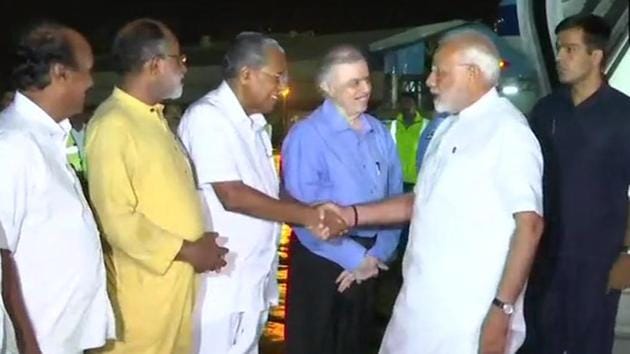 PM Modi arrived in Kerala on Friday night. He was received by chief minister Pinarayi Vijayan, Governor P Sathasivam and Union minister KJ Alphons. (ANI/Twitter) PM Modi arrived in Kerala on Friday night. He was received by chief minister Pinarayi Vijayan, Governor P Sathasivam and Union minister KJ Alphons. (ANI/Twitter)
