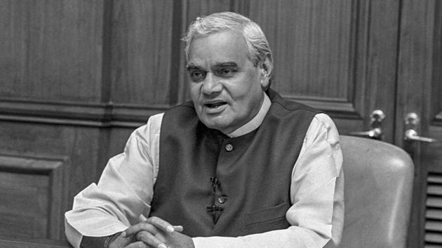 In this file photo dated May 19, 1996, former prime minister Atal Bihari Vajpayee addresses the nation at South Block, in New Delhi.(PTI File Photo)