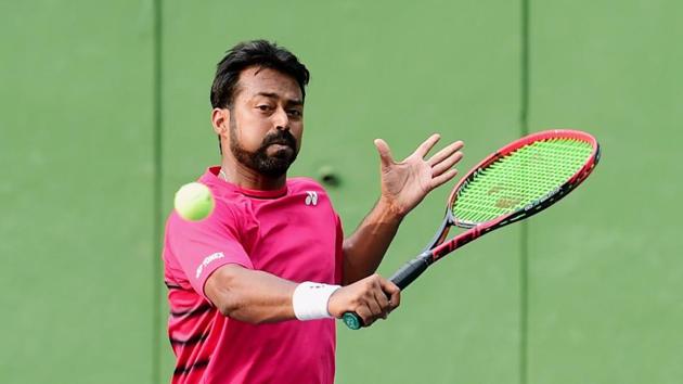 File photo of Leander Paes during a practice session ahead of the Davis Cup tie against Uzbekistan.(PTI)