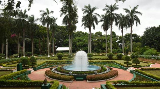 A view of the beautifully decorated gardens of Karnataka Raj Bhavan. This garden is what is left of a vast, undulating and imperial garden known in the late 19th and early 20th century as the ‘Residency Park’ measuring around 92 acres. Earlier called ‘the Commissioner’s Bungalow Garden’, it is a contemporary of the State Botanical Garden -the Lalbagh. (Arijit Sen / HT Photo)