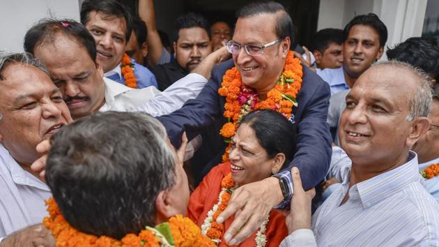 Delhi & District Cricket Association (DDCA)'s newly elected president Rajat Sharma celebrates his victory with the supporters, at DDCA office in New Delhi on Monday, July 2, 2018. (PTI) Delhi & District Cricket Association (DDCA)'s newly elected president Rajat Sharma celebrates his victory with the supporters, at DDCA office in New Delhi on Monday, July 2, 2018. (PTI)
