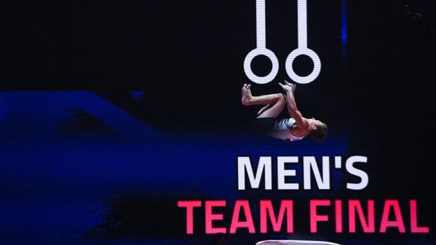 Germany’s Nick Klessing competes on the vault in the men’s team final of the artistic gymnastics at the SSE Hydro during the 2018 European Championships in Glasgow, Scotland. (Andy Buchanan / AFP) Germany’s Nick Klessing competes on the vault in the men’s team final of the artistic gymnastics at the SSE Hydro during the 2018 European Championships in Glasgow, Scotland. (Andy Buchanan / AFP)