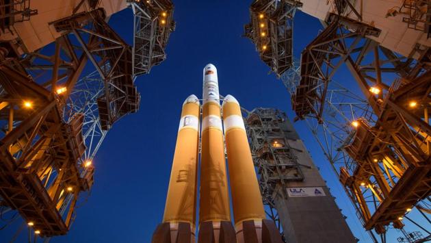 The United Launch Alliance Delta IV Heavy rocket with the Parker Solar Probe onboard shortly after the Mobile Service Tower was rolled back at Launch Complex 37 at Cape Canaveral Air Force Station in Florida. (Bill Infalls / NASA / AFP) The United Launch Alliance Delta IV Heavy rocket with the Parker Solar Probe onboard shortly after the Mobile Service Tower was rolled back at Launch Complex 37 at Cape Canaveral Air Force Station in Florida. (Bill Infalls / NASA / AFP)