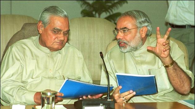 Former prime minister Atal Bihari Vajpayee having a discussion with the then Gujarat chief minister Narendra Modi in New Delhi, 27 March 2002. (Arvind Yadav/HT Archive) Former prime minister Atal Bihari Vajpayee having a discussion with the then Gujarat chief minister Narendra Modi in New Delhi, 27 March 2002. (Arvind Yadav/HT Archive)