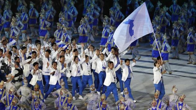 Athletes from the Unified Korea team march. (REUTERS) Athletes from the Unified Korea team march. (REUTERS)