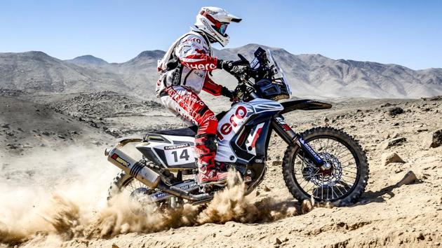 Hero MotoSports’ Oriol Mena in action at the Atacama Rally.(HT Photo)