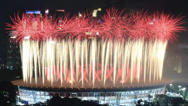 Fireworks explode over the Gelora Bung Karno main stadium during the opening ceremony of the 2018 Asian Games in Jakarta on August 18, 2018. (AFP)