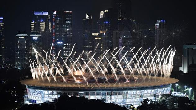Fireworks explode over the Gelora Bung Karno main stadium. (AFP) Fireworks explode over the Gelora Bung Karno main stadium. (AFP)