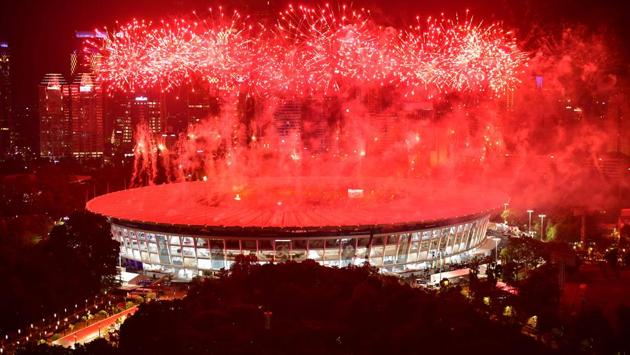 Fireworks explode over the Gelora Bung Karno main stadium. (AFP) Fireworks explode over the Gelora Bung Karno main stadium. (AFP)