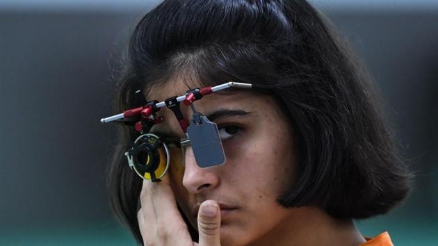 India's Manu Bhaker attends attend a practise session for the mixed team 10m air pistol ahead of the 2018 Asian Games in Palembang on August 18, 2018.(AFP)