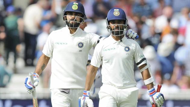 Virat Kohli and Ajinkya Rahane shone with the bat for India as they finished on a solid 307/6 at stumps on the first day of the third Test against England on Saturday.(AP) Virat Kohli and Ajinkya Rahane shone with the bat for India as they finished on a solid 307/6 at stumps on the first day of the third Test against England on Saturday.(AP)