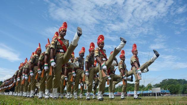 Indian paramilitary force personnel march pasts during the Independence Day celebrations in Agartala, Tripura. (Arindam Dey / AFP) 