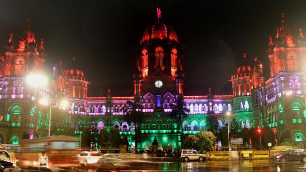 A trial of tri-colour led light over the Chhatrapati Maharaj Terminus, for Independence Day celebration, in Mumbai, Maharashtra. (Bhushan Koyande / HT Photo) 