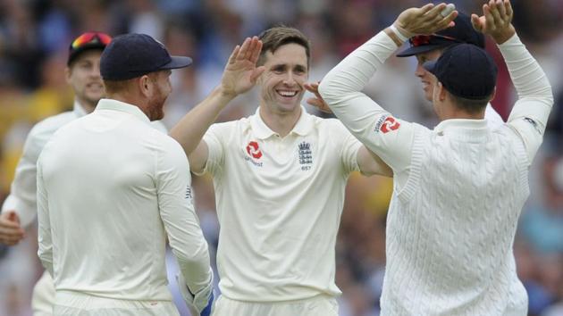 England's Chris Woakes celebrates with teammates after dismissing India's KL Rahul at Trent Bridge.(AP) England's Chris Woakes celebrates with teammates after dismissing India's KL Rahul at Trent Bridge.(AP)