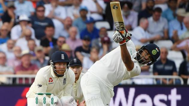 India's Rishabh Pant hits a six during the first day of the third Test cricket match between England and India. (AFP)