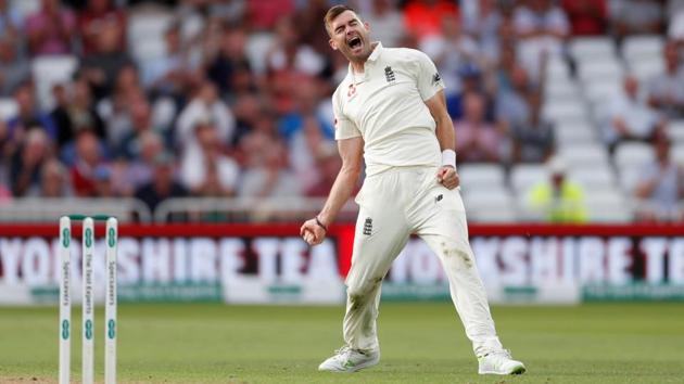 England's James Anderson celebrates taking the wicket of India's Hardik Pandya. (REUTERS)