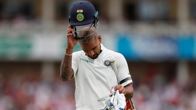 India's Shikhar Dhawan reacts after losing his wicket. (REUTERS)
