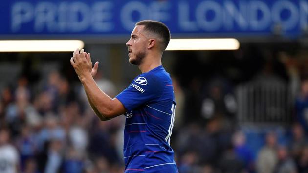 Chelsea's Eden Hazard applauds fans after the match against Arsenal(REUTERS)