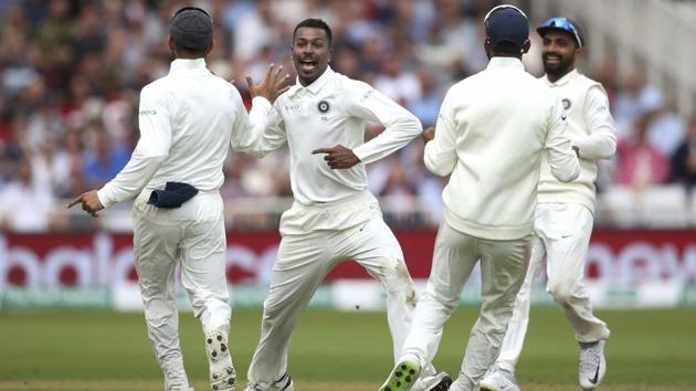 Nottingham: India's Hardik Pandya celebrates the wicket of England's Chris Woakes during day two of the third Test match at Trent Bridge in Nottingham, England, Sunday Aug. 19, 2018.(AP)