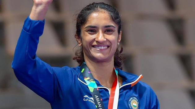 Jakarta: Gold medal winner India's Vinesh Phogat poses during the medal presentation ceremony of women's freestyle 50 kg wrestling event at the Asian Games 2018. (PTI)
