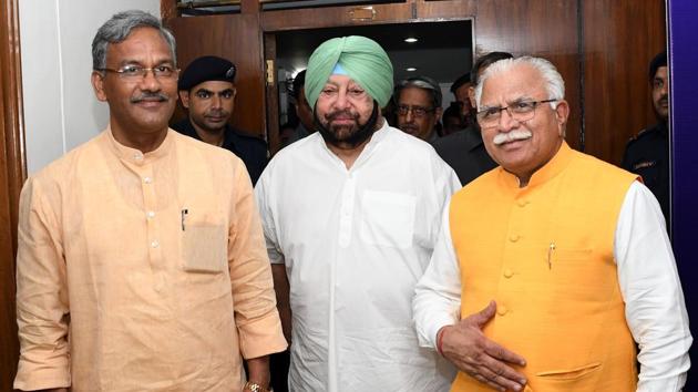 From left — Uttarakhand CM Trivendra Rawat, Punjab CM Captain Amarinder Singh and Haryana CM Manohar Lal Khattar during regional conference on drug menace held at Haryana Bhawan in Chandigarh on Monday. (Keshav Singh/HT) From left — Uttarakhand CM Trivendra Rawat, Punjab CM Captain Amarinder Singh and Haryana CM Manohar Lal Khattar during regional conference on drug menace held at Haryana Bhawan in Chandigarh on Monday. (Keshav Singh/HT)