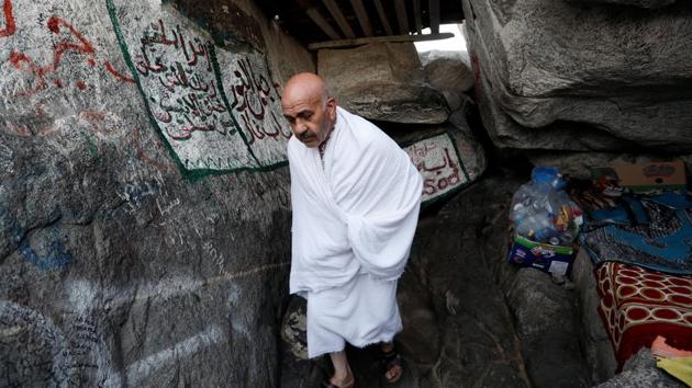 A Turkish pilgrim from Turkey visits the Mount Al-Noor. At the Hajj’s end, male pilgrims will shave their hair and women will cut a lock of hair in a sign of renewal for completing the pilgrimage. Around the world, Muslims will mark the occasion with a celebration called Eid al-Adha. The holiday, remembering Ibrahim’s willingness to sacrifice his son, sees Muslims slaughter sheep and cattle. (Zohra Bensemra / REUTERS)