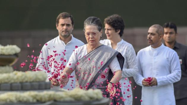 UPA chairperson Sonia Gandhi pays tributes to late prime minister Rajiv Gandhi on his birth anniversary at Veer Bhumi in New Delhi on Monday as daughter Priyanka Vadra, son-in-law Robert Vadra and Congress president Rahul Gandhi look on. (PTI Photo) UPA chairperson Sonia Gandhi pays tributes to late prime minister Rajiv Gandhi on his birth anniversary at Veer Bhumi in New Delhi on Monday as daughter Priyanka Vadra, son-in-law Robert Vadra and Congress president Rahul Gandhi look on. (PTI Photo)