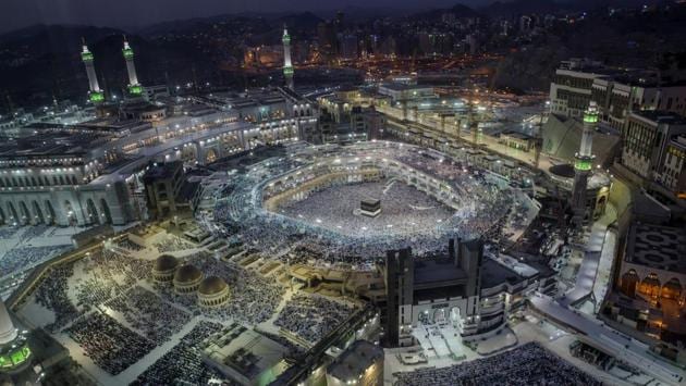 An aerial view of the Grand Mosque complex which houses the Kaaba, the metaphorical house of God and is the point towards which Muslims around the world pray. Every Muslim is required to complete the Hajj journey to Islam’s holiest sites at least once in their lifetime if they are healthy enough and have the means to do so. (Dar Yasin / AP)