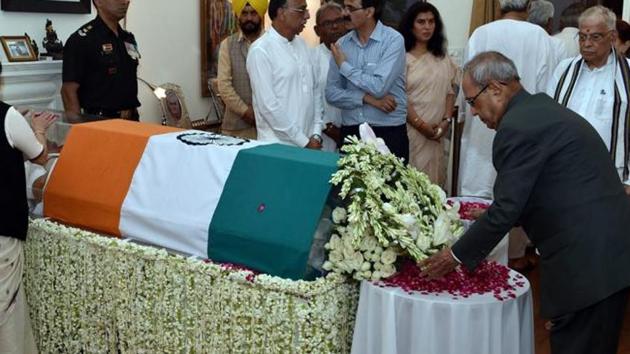 Former president Pranab Mukherjee pays tribute to former prime minister Atal Bihari Vajpayee, at his Krishna Menon Marg residence, in New Delhi on August 16, 2018. (PTI Photo) Former president Pranab Mukherjee pays tribute to former prime minister Atal Bihari Vajpayee, at his Krishna Menon Marg residence, in New Delhi on August 16, 2018. (PTI Photo)