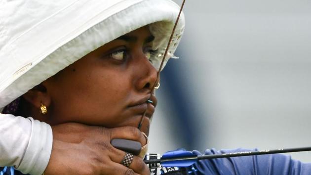 India's Deepika Kumari takes part in the qualification round recurve women's archery at the 2018 Asian Games in Jakarta.(AFP)