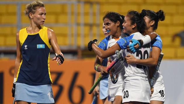 India players celebrate after scoring a goal during the women's hockey pool B match between India and Kazakhstan at the 2018 Asian Games in Jakarta on August 21, 2018.(AFP)