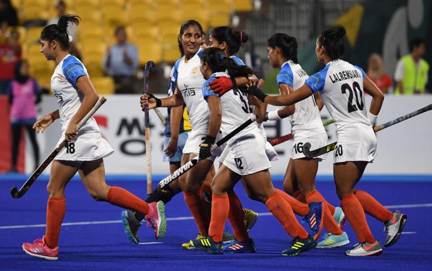 India's Gurjit Kaur (2nd L) celebrates with teammates after a goal during the women's hockey pool B match between India and Kazakhstan at the 2018 Asian Games in Jakarta on August 21, 2018. (Photo by PUNIT PARANJPE / AFP) (AFP) India's Gurjit Kaur (2nd L) celebrates with teammates after a goal during the women's hockey pool B match between India and Kazakhstan at the 2018 Asian Games in Jakarta on August 21, 2018. (Photo by PUNIT PARANJPE / AFP) (AFP)
