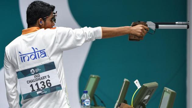 Saurabh Chaudhary competes in the men’s 10m air pistol shooting final during the 2018 Asian Games in Palembang, Indonesia. He became the fifth Indian shooter to claim a gold in Asian Games history. Chaudhary aggregated 240.7 while the 42-year-old Matsuda from Japan misfired on the 23rd shot, an 8.9, to settle for silver. He scored 239.7. (Mohd Rasfan / AFP) Saurabh Chaudhary competes in the men’s 10m air pistol shooting final during the 2018 Asian Games in Palembang, Indonesia. He became the fifth Indian shooter to claim a gold in Asian Games history. Chaudhary aggregated 240.7 while the 42-year-old Matsuda from Japan misfired on the 23rd shot, an 8.9, to settle for silver. He scored 239.7. (Mohd Rasfan / AFP)