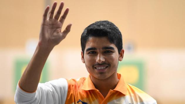 India's Saurabh Chaudhary celebrates after winning the men's 10m air pistol shooting final during the 2018 Asian Games in Palembang on August 21, 2018.(AFP)