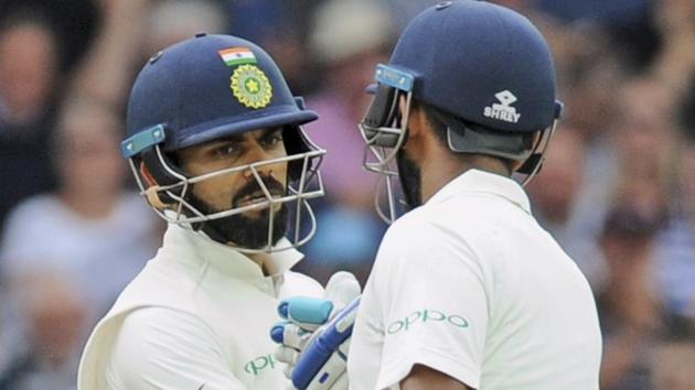India’s Virat Kohli, left, and Cheteshwar Pujara encourage each other during Day 3 of the third Test against England at Trent Bridge. (AP) India’s Virat Kohli, left, and Cheteshwar Pujara encourage each other during Day 3 of the third Test against England at Trent Bridge. (AP)