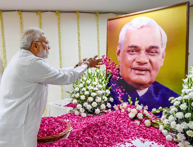 Prime Minister Narendra Modi pays tribute to former prime minister Atal Bihari Vajpayee at an all-party condolence meeting in New Delhi on August 20.(PTI Photo)