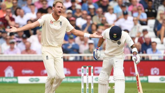 England's Stuart Broad (L) appeals for a wicket on Day 3 at Trent Bridge. (AFP)