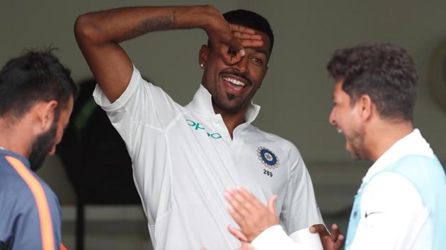India’s Hardik Pandya shared a light moment with teammate Kuldeep Yadav. (REUTERS)