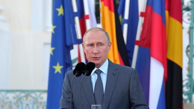 Vladimir Putin, Russia's president, speaks during a joint press conference at Schloss Meseberg castle in Meseburg, Germany, on August 18. (Bloomberg) Vladimir Putin, Russia's president, speaks during a joint press conference at Schloss Meseberg castle in Meseburg, Germany, on August 18. (Bloomberg)