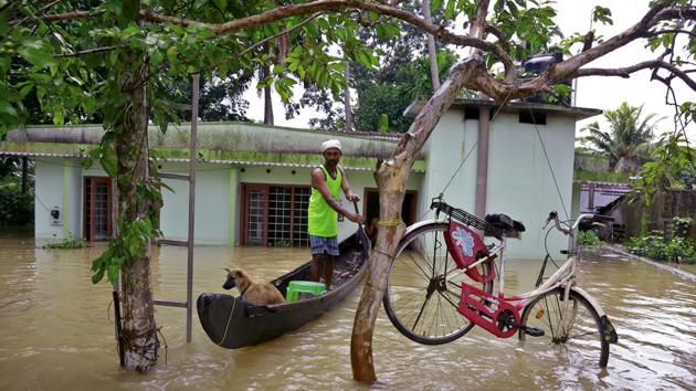 A bicycle is hung from a tree branch to avoid being washed away in flood waters as a man rows with his country boat, Kuttanad, Alappuzha, Kerala, August 20(AP)