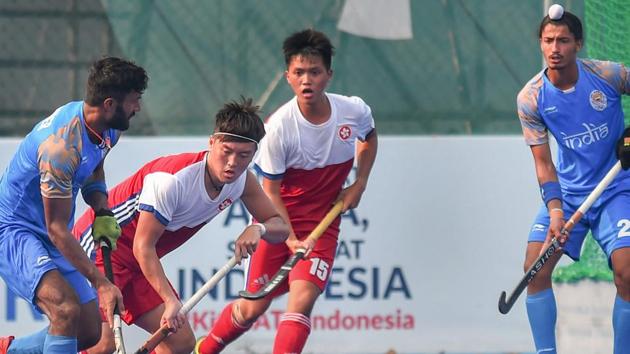Indian and Hong Kong players in action in the men's hockey pool match at the Asian Games 2018, in Jakarta on Wednesday. (PTI) Indian and Hong Kong players in action in the men's hockey pool match at the Asian Games 2018, in Jakarta on Wednesday. (PTI)