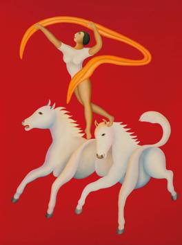 Manjit Bawa’s 7.4-ft-tall untitled painting of a circus acrobat floating above two horses will also be on display. Manjit Bawa’s 7.4-ft-tall untitled painting of a circus acrobat floating above two horses will also be on display.