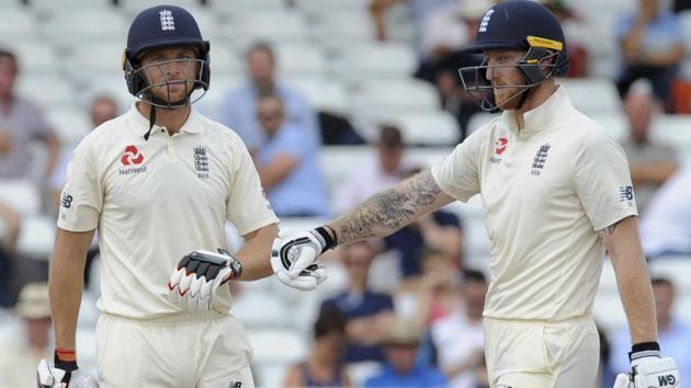England's Ben Stokes, right, greets teammate Jos Buttler during Day 4 of the third Test. (AP) England's Ben Stokes, right, greets teammate Jos Buttler during Day 4 of the third Test. (AP)