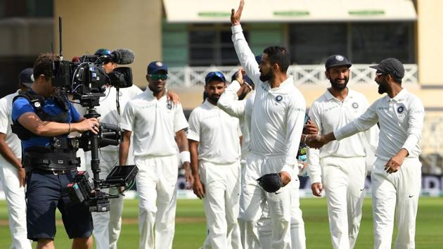 India's captain Virat Kohli (C) waves after winning the third Test cricket match between England and India at Trent Bridge in Nottingham, central England on August 22, 2018. (AFP) India's captain Virat Kohli (C) waves after winning the third Test cricket match between England and India at Trent Bridge in Nottingham, central England on August 22, 2018. (AFP)