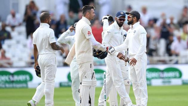 James Anderson of England shakes hands with India captain Virat Kohli after losing the Specsavers 3rd Test match between England and India at Trent Bridge on August 22, 2018 in Nottingham, England. (Getty Images) James Anderson of England shakes hands with India captain Virat Kohli after losing the Specsavers 3rd Test match between England and India at Trent Bridge on August 22, 2018 in Nottingham, England. (Getty Images)